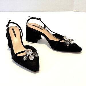 Zara Black Suede Jeweled Slingback Pump 38 7.5